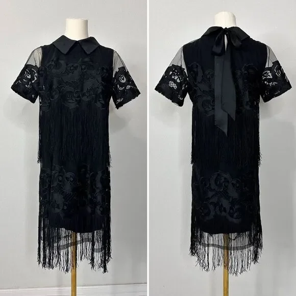Maeve Anthropologie Black Lace Fringe Shift Dress S Removable Collar Bow Back Maeve Anthropologie Black Lace Fringe Shift Dress S Removable Collar Bow Back